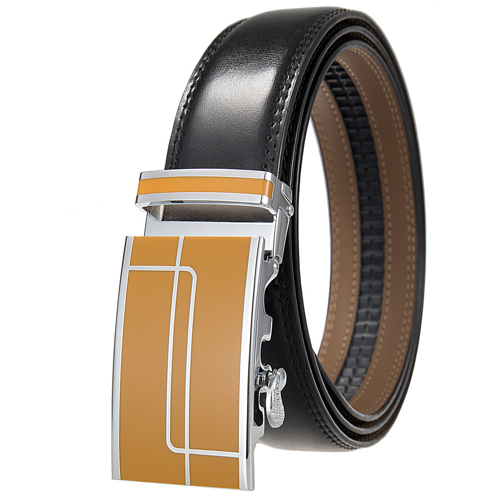 Ceinture homme Concorde 95 noire avec boucle rectangulaire argentée et insert orange-doré aux motifs linéaires abstraits.