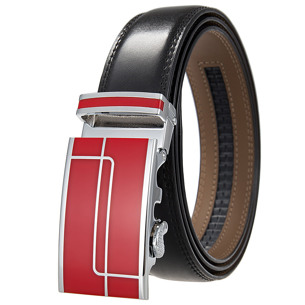 Ceinture homme Concorde 95 noire avec boucle automatique argentée et rouge ornée de motifs linéaires.