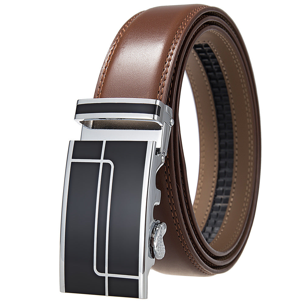 Ceinture homme Concorde 95 en cuir marron avec boucle automatique argentée et noire ornée de motifs linéaires