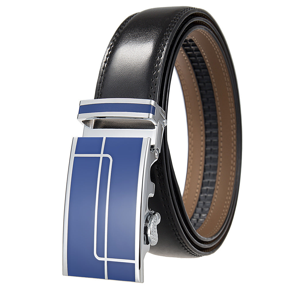 Ceinture homme Concorde 95 noire avec boucle automatique argentée et détails bleus, cuir de vachette refendu.