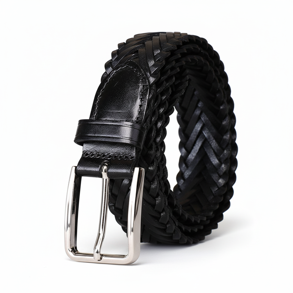 Ceinture Constantin noire en cuir tressé avec boucle ardillon argentée