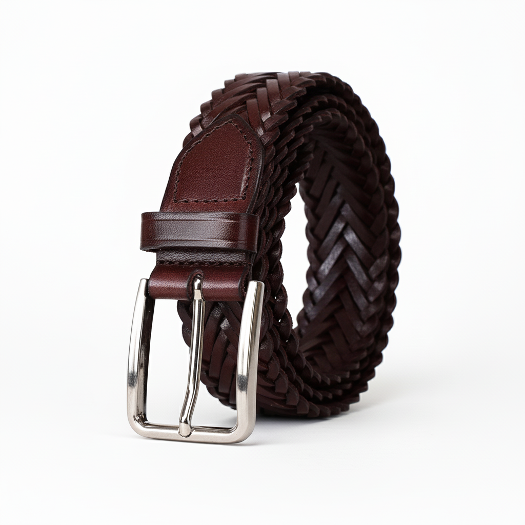 Ceinture tressée pour homme Constantin en cuir pleine fleur couleur café avec boucle ardillon rectangulaire argentée.