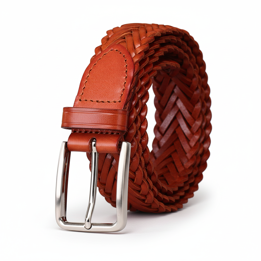 Ceinture Constantin marron en cuir tressé pleine fleur avec boucle ardillon argentée.