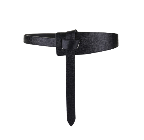 Ceinture Coralie noire en cuir pleine fleur, texture grainée, sans boucle, avec un nœud décoratif, style audacieux et contemporain.