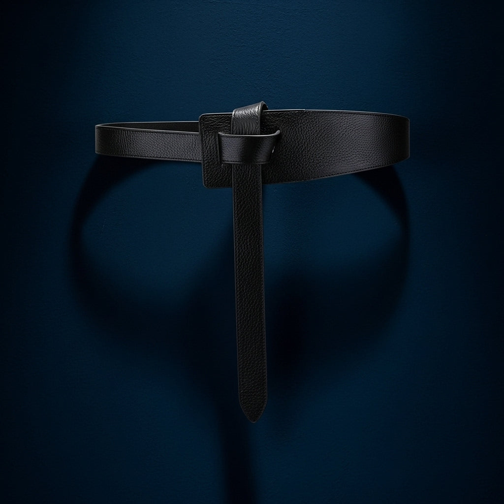 Ceinture Coralie noire en cuir pleine fleur, de style audacieux et contemporain, avec une texture grainée tendance et un design nouable sans boucle. #fullwidth