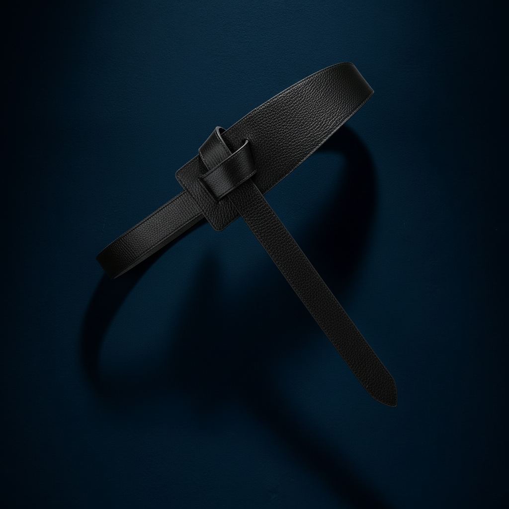 Ceinture femme Coralie noire en cuir pleine fleur, texture grainée, sans boucle, nouée à la taille. #fullwidth