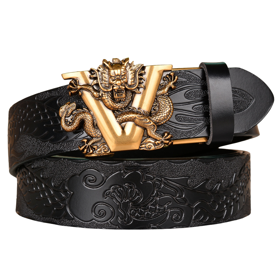 Ceinture homme Corentin en cuir noir avec boucle dorée ornée d'un dragon et motif dragon embossé sur le cuir
