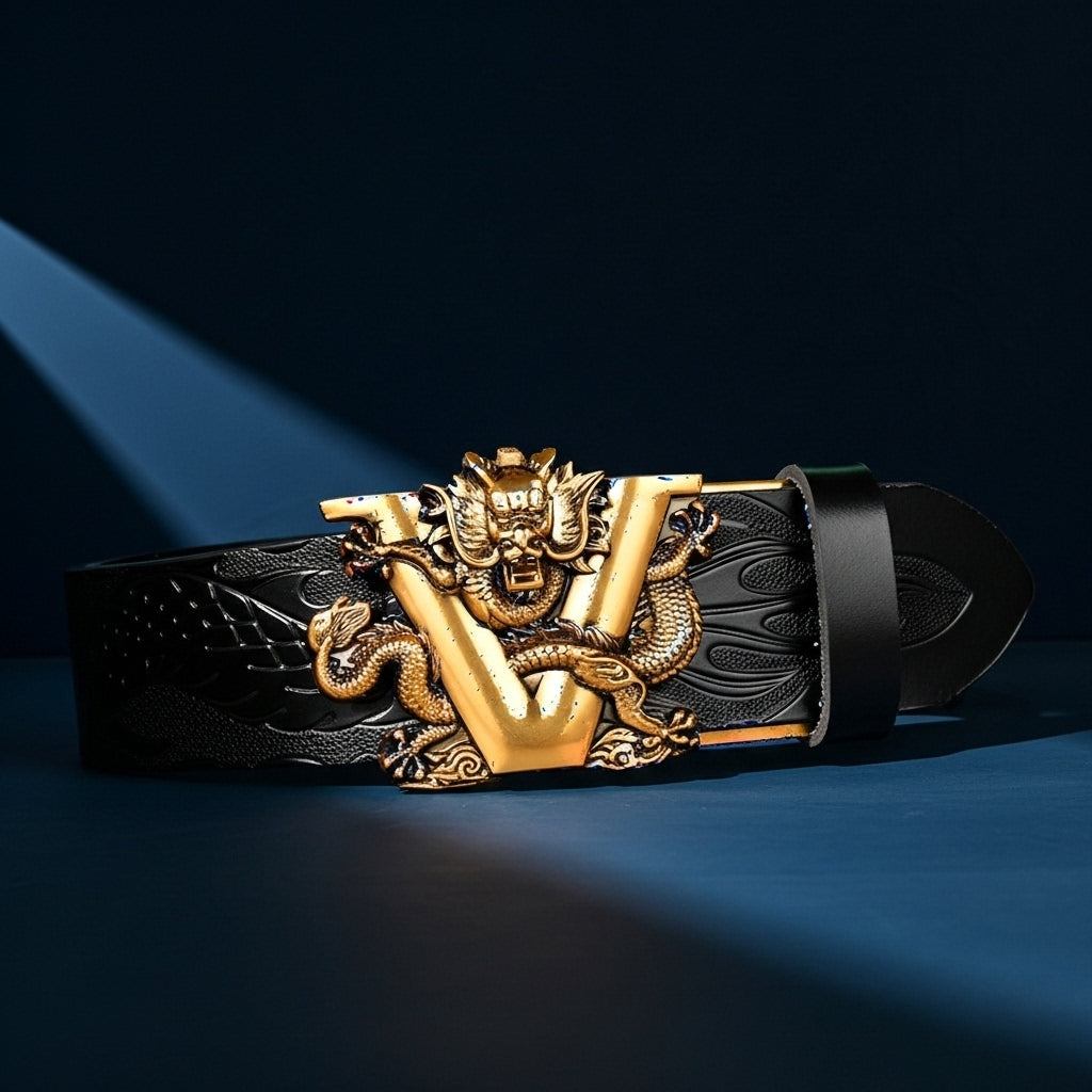Ceinture homme noire Corentin avec boucle dorée en forme de V ornée d'un dragon en relief et motif dragon embossé sur le cuir #fullwidth