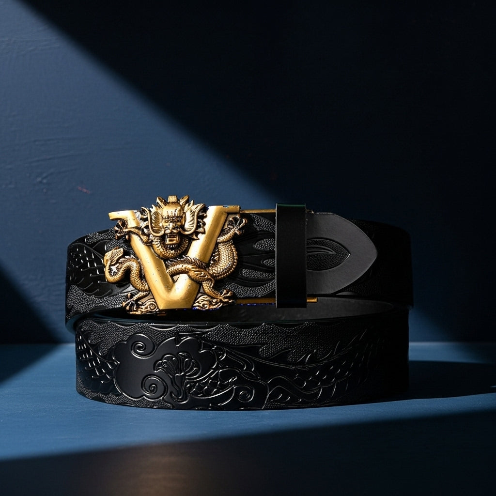 Ceinture homme Corentin en cuir noir avec boucle dorée ornée d'un dragon et motif dragon embossé, style rétro affirmé #fullwidth