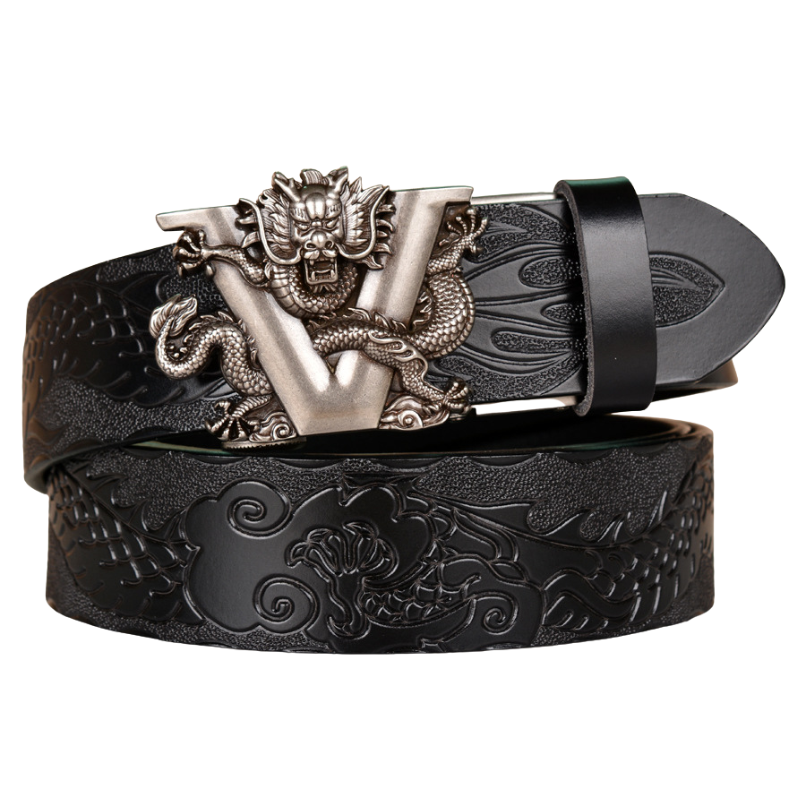 Ceinture homme Corentin en cuir noir avec boucle argentée ornée d'un dragon et d'un V, motif dragon et nuages embossés sur le cuir