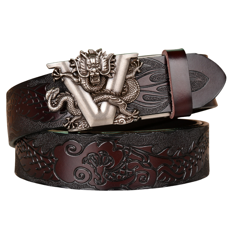 Ceinture homme Corentin en cuir marron avec boucle argentée ornée d'un dragon en relief et motif dragon gravé sur le cuir.