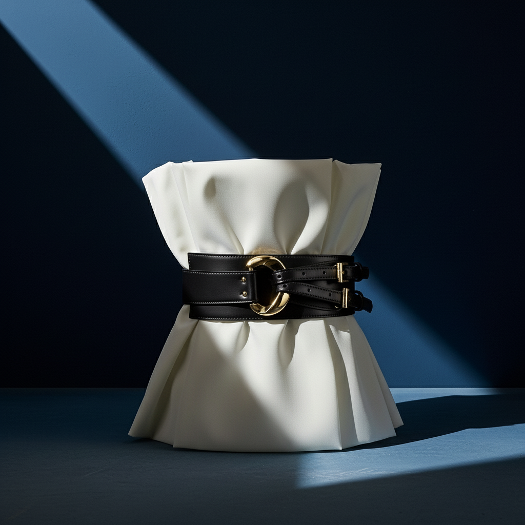 Ceinture corset noire en similicuir avec une boucle dorée imposante et deux sangles, portée sur une robe blanche drapée avec un éclairage dramatique sur fond bleu #fullwidth