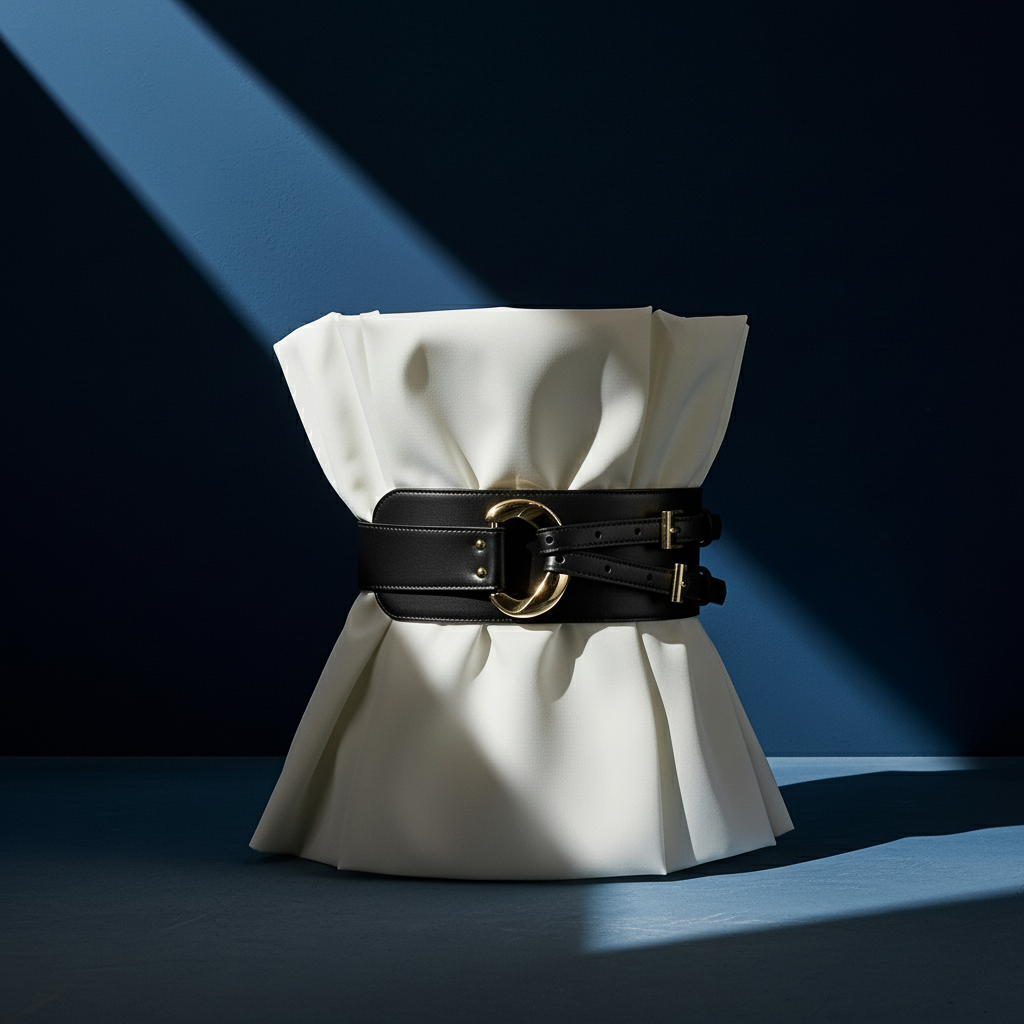 Ceinture corset noire extra large en cuir simili avec boucle dorée et double bride, portée sur une robe blanche volumineuse, sur fond bleu avec une ombre projetée #fullwidth