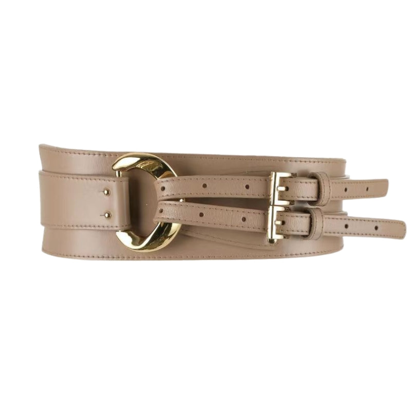 Ceinture corset beige en simili cuir avec boucle dorée large et double sangle