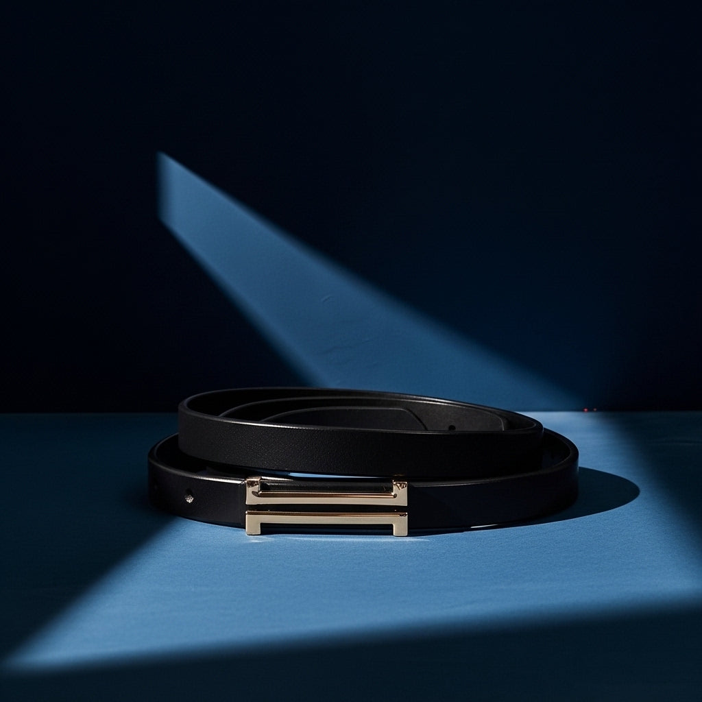 Ceinture femme Courchevel en cuir noir grain lisse, 1.8 cm de largeur, avec une boucle rectangulaire dorée à deux barres. #fullwidth