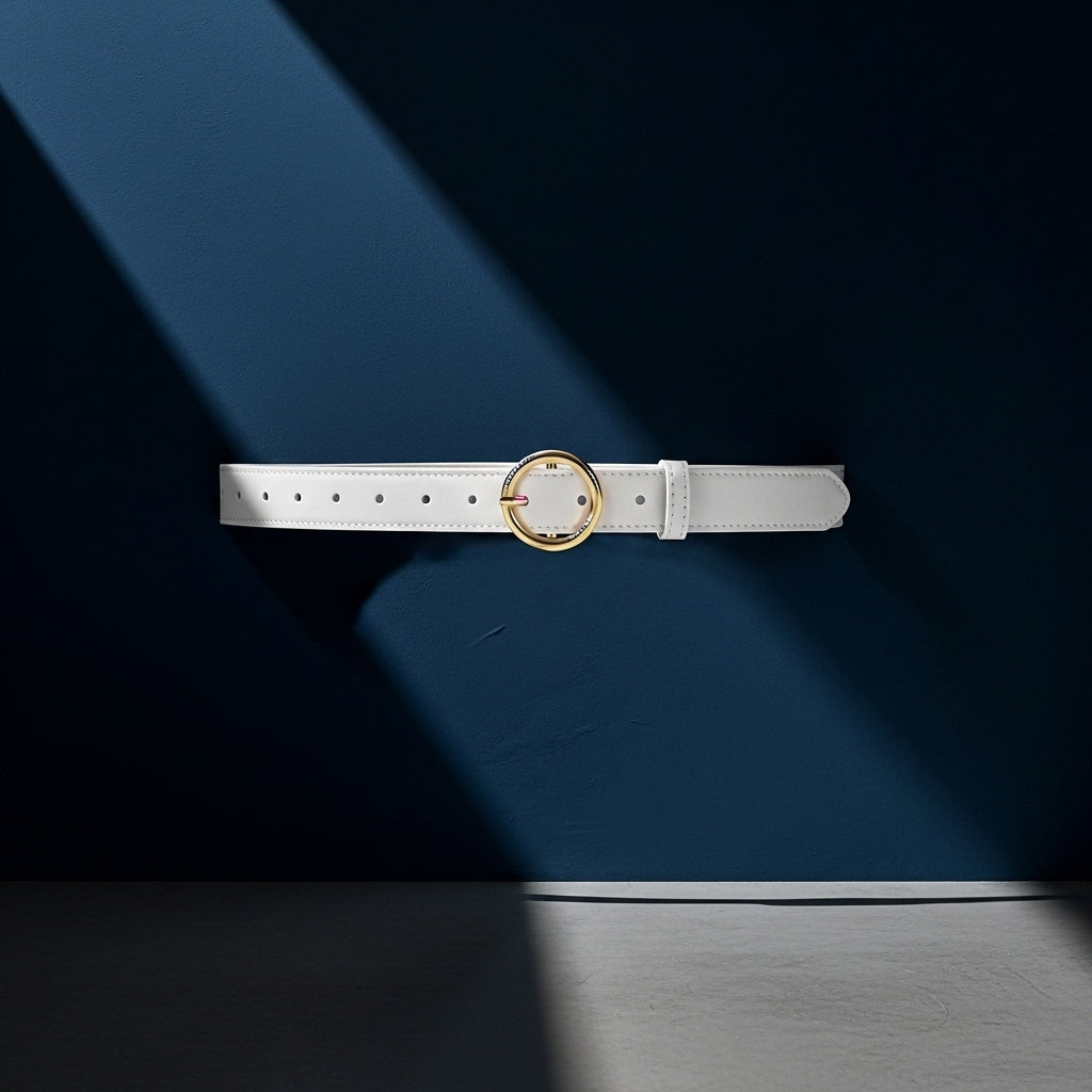 Ceinture femme Cristal blanche en cuir lisse à l'aspect doux, avec une boucle dorée ronde et une lanière manuellement ajustable. Largeur standard de 2,8 cm, parfaite pour un look élégant et épuré. #fullwidth