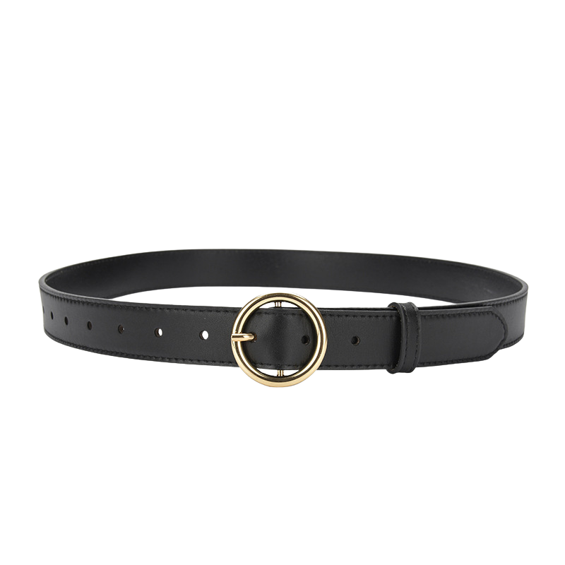 Ceinture femme Cristal noire en cuir refendu avec boucle dorée ronde et lanière ajustable.
