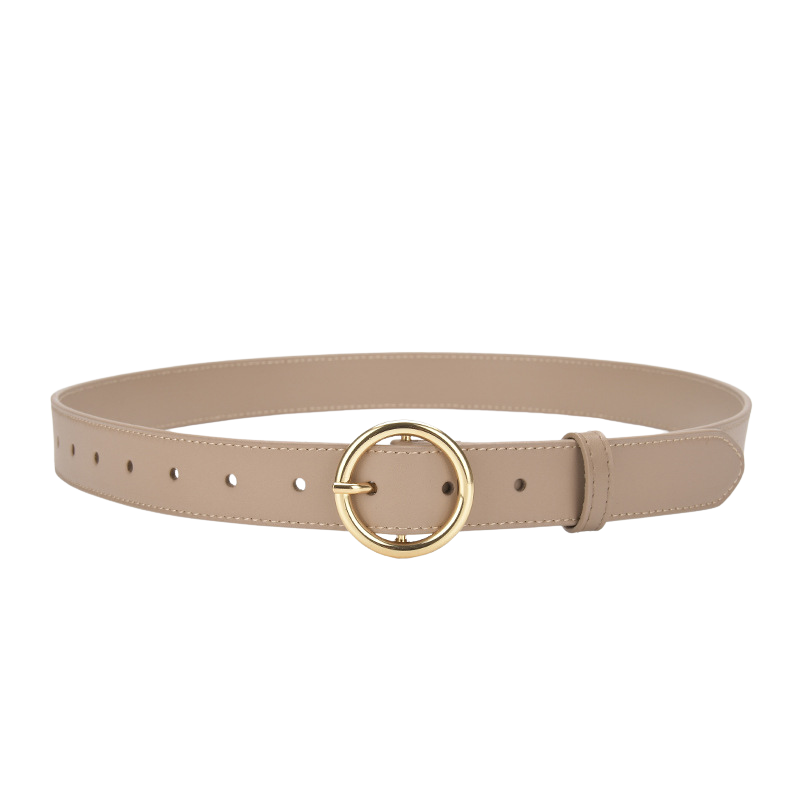 Ceinture femme Cristal en cuir refendu beige avec boucle dorée ronde et lanière ajustable.