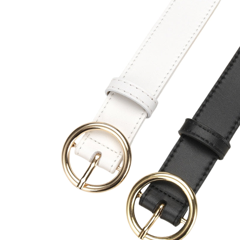 Ceinture femme Cristal, cuir refendu de vachette, largeur 2,8 cm, boucle ronde dorée, disponible en noir et blanc.