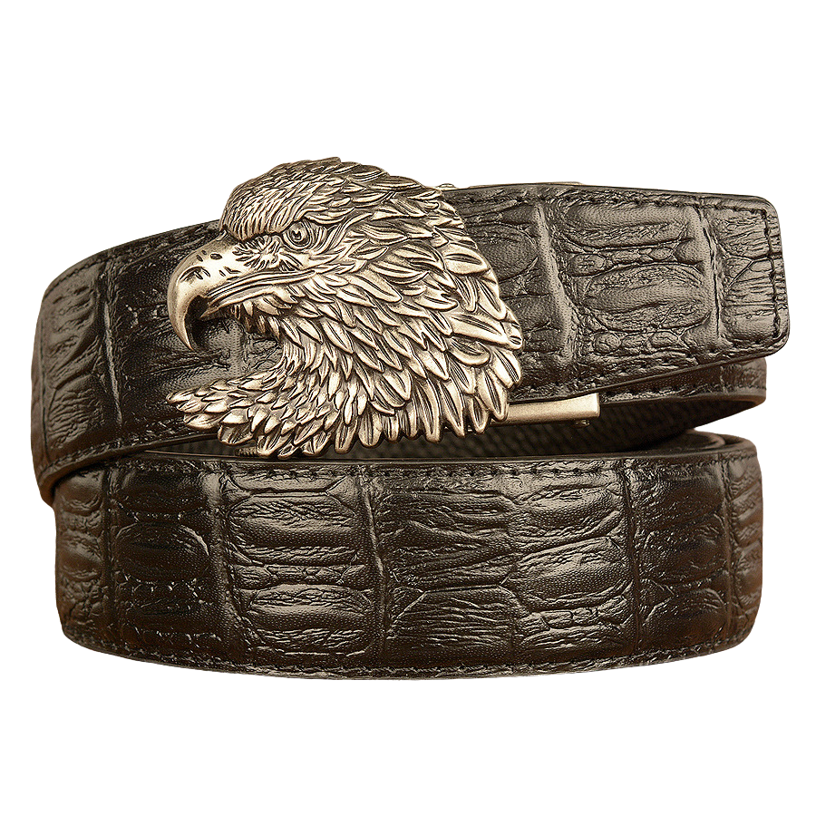 Ceinture pour homme Crocoborn 1 en cuir noir texturé effet crocodile avec boucle tête d'aigle argentée