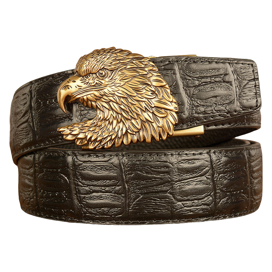 Ceinture pour homme Crocoborn 1 en cuir noir texturé effet crocodile avec boucle tête d'aigle dorée sculptée #fullwidth