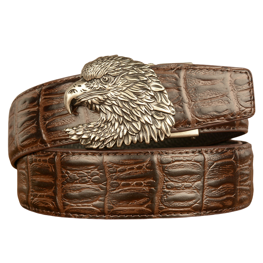 Ceinture pour homme Crocoborn 1 en cuir marron effet crocodile avec boucle tête d'aigle argentée #fullwidth