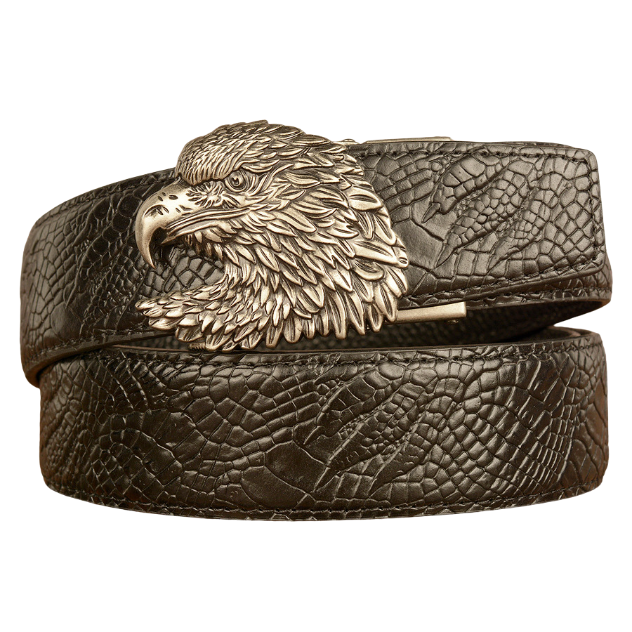 Ceinture pour homme Crocoborn 2 en cuir noir avec boucle tête d'aigle argentée effet peau de reptile #fullwidth