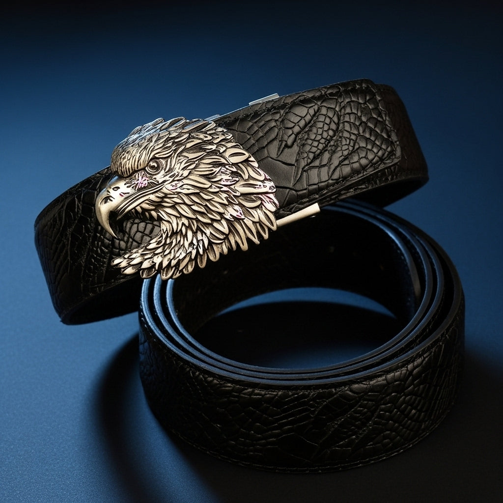 Ceinture homme Crocoborn 2 en cuir noir avec boucle tête d'aigle argentée texturée effet reptile #fullwidth