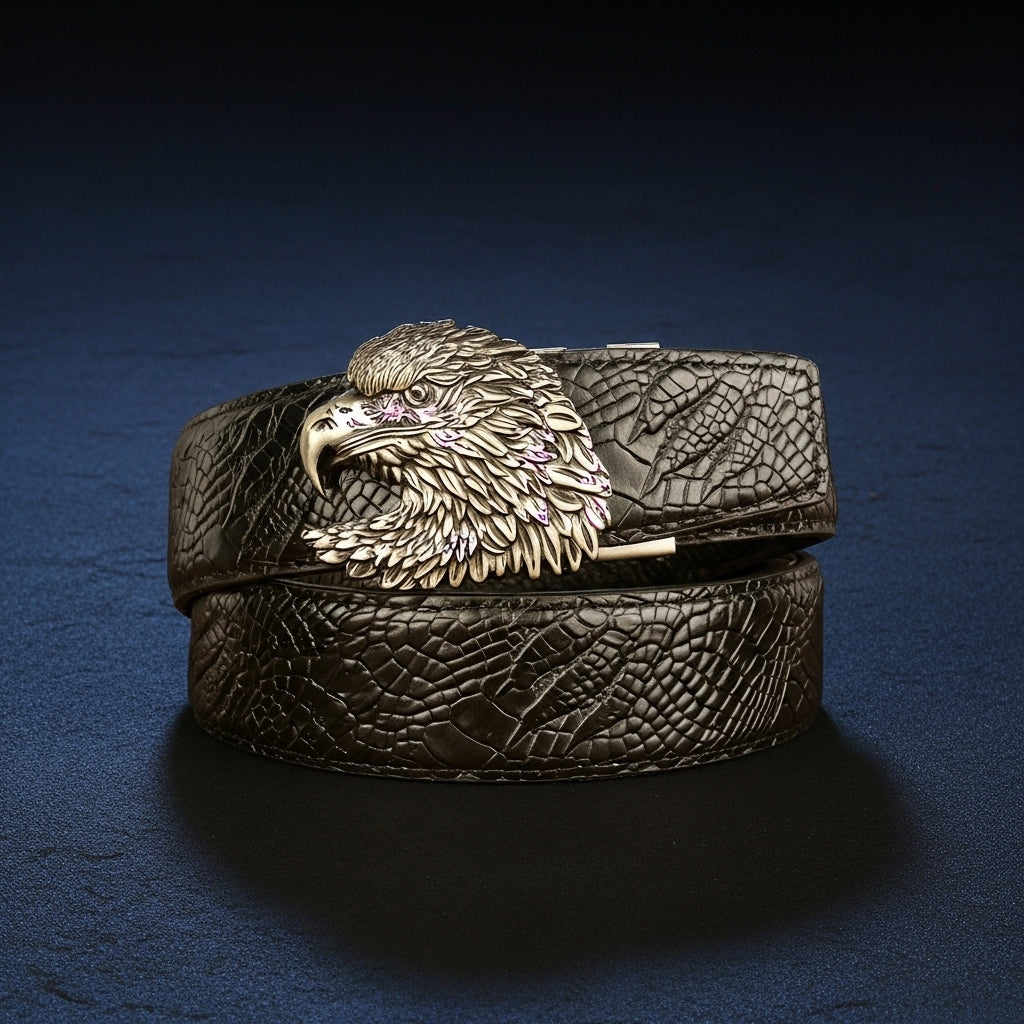 Ceinture pour homme Crocoborn 2 noire avec boucle tête d'aigle argentée texturée effet reptile #fullwidth
