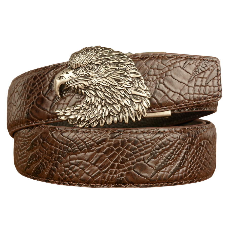 Ceinture pour homme Crocoborn 2 en cuir marron texturé effet reptile avec boucle argentée en forme de tête d'aigle sculptée #fullwidth