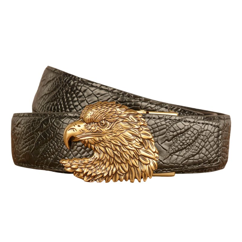 Ceinture pour homme Crocoborn 2 en cuir noir texturé effet peau de reptile avec une boucle automatique dorée sculptée en forme de tête d'aigle.