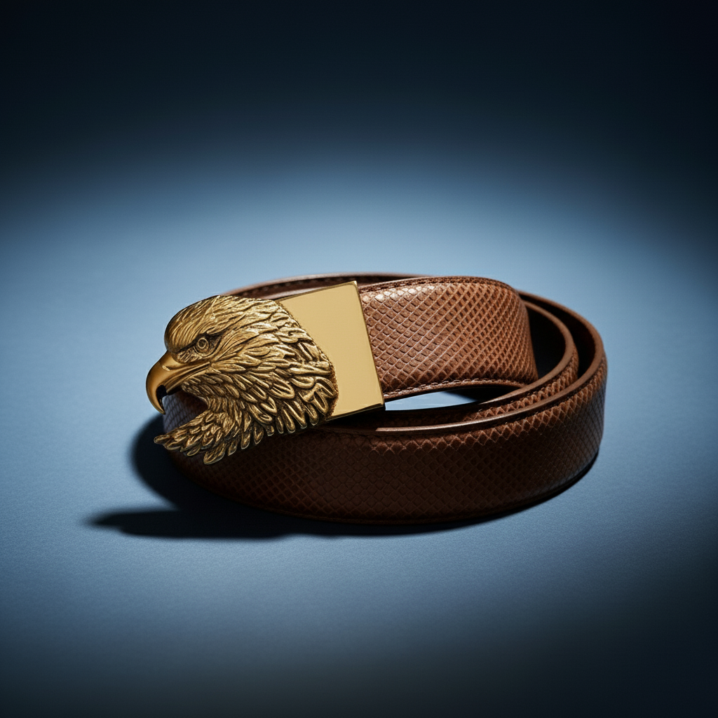 Ceinture pour homme Crocoborn 3 en cuir marron avec boucle tête d'aigle dorée et finition peau de poisson #fullwidth
