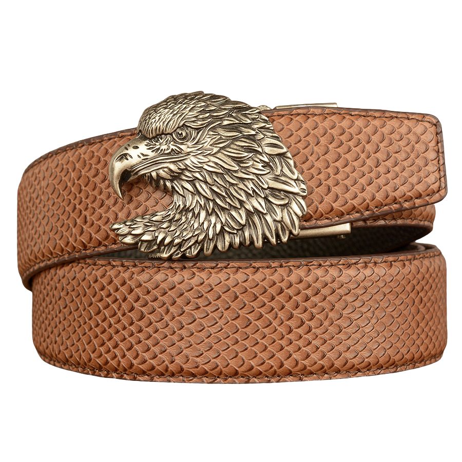 Ceinture pour homme Crocoborn 3 en cuir marron avec boucle tête d'aigle argentée et finition peau de poisson.