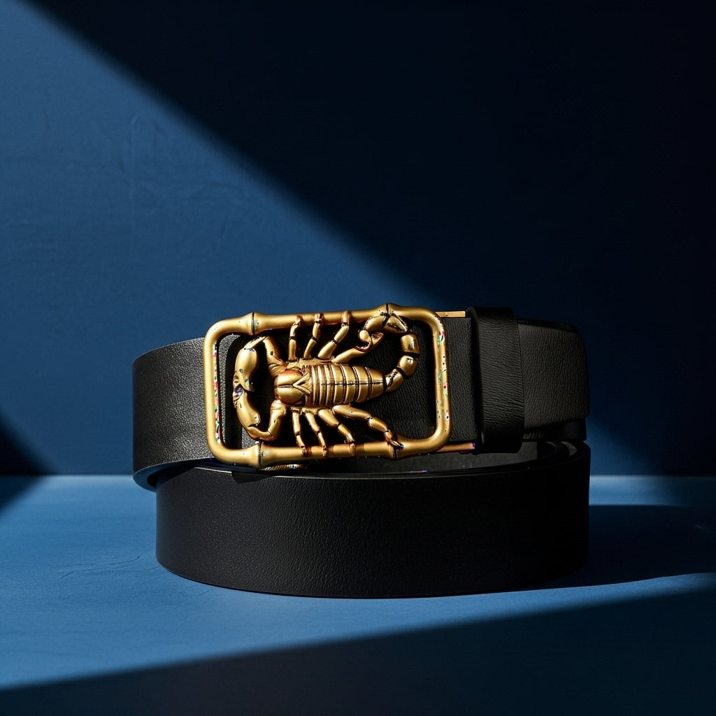 Ceinture homme Cyprien en cuir noir avec une boucle rectangulaire dorée ornée d'un motif scorpion en relief et d'une finition bambou #fullwidth
