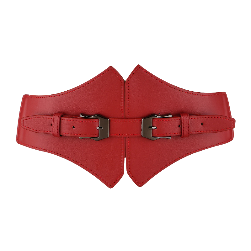 Ceinture rouge Dahlia en simili cuir lisse avec boucle double ardillon arrondie en métal noir et dos élastique.