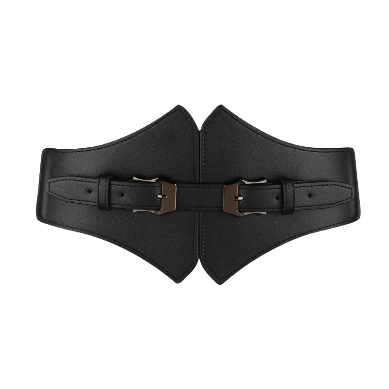 Ceinture femme Dahlia noire en simili cuir lisse avec deux boucles ardillon métalliques noires et une partie élastique au dos pour marquer la taille.