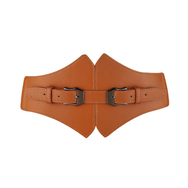 Ceinture femme Dahlia en simili cuir lisse couleur caramel avec double boucle ardillon métallique noire et élastique au dos