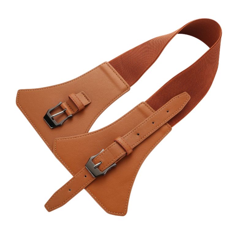 Ceinture femme Dahlia en simili cuir lisse couleur cognac avec boucle métallique noire et dos élastique