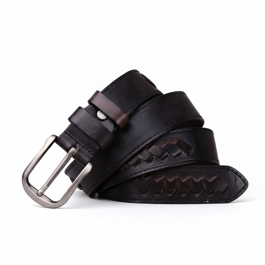 Ceinture Damien homme en cuir pleine fleur italien tressé noir avec boucle ardillon argentée et finitions patinées.