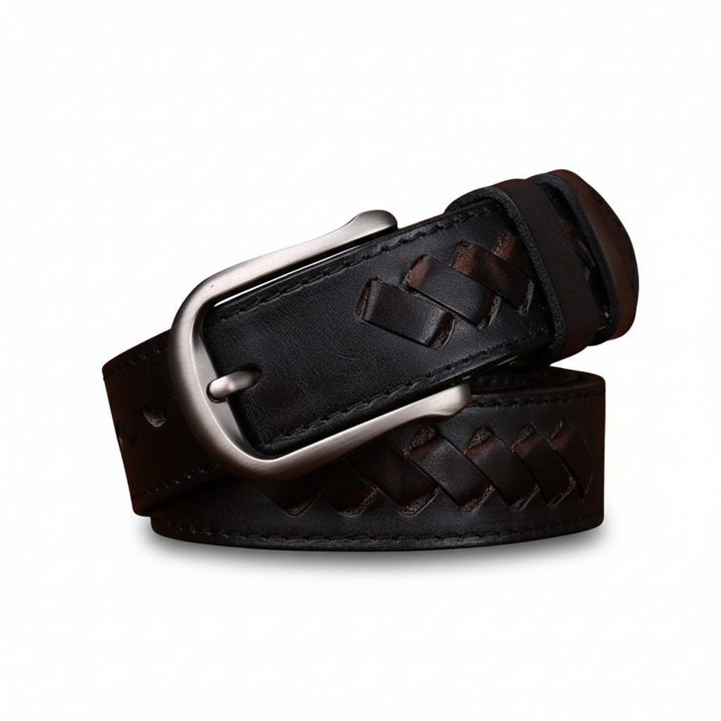 Ceinture homme Damien en cuir noir tressé avec boucle ardillon argentée.