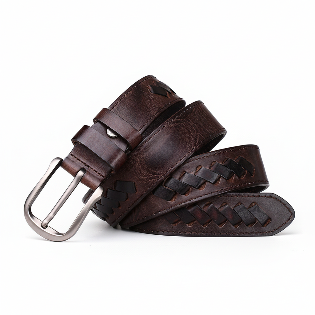 Ceinture homme Damien en cuir pleine fleur italien marron foncé avec tressage artisanal vintage et boucle ardillon argentée arrondie.