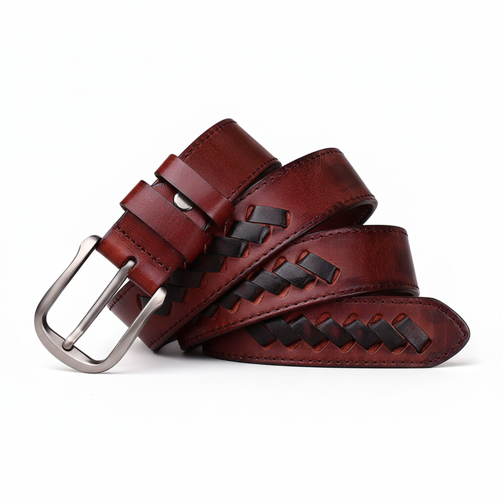 Ceinture Damien homme en cuir pleine fleur italien bordeaux, tressage artisanal vintage, boucle ardillon argentée
