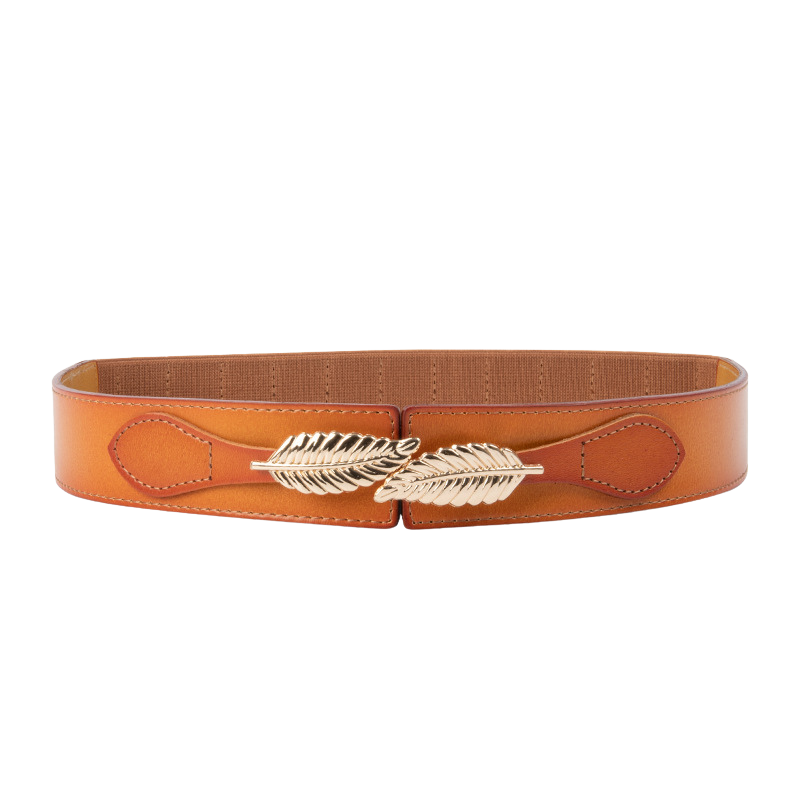 Ceinture Daphné marron cognac avec boucle dorée en forme de feuilles, cuir lisse et système élastique ajustable.