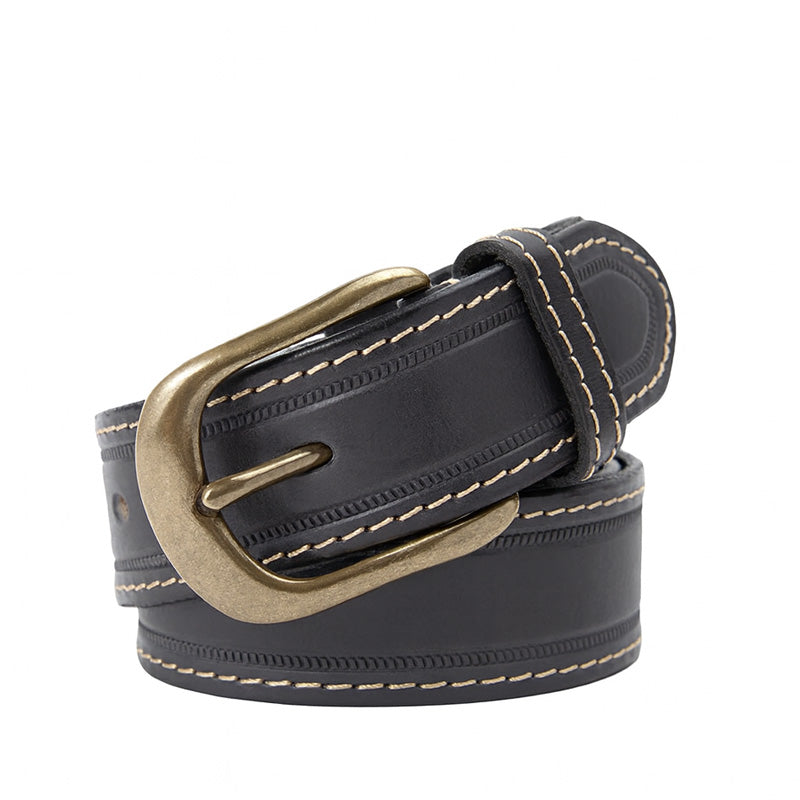 Ceinture homme Daumier en cuir noir avec boucle ardillon dorée vieillie et surpiqûres contrastées.