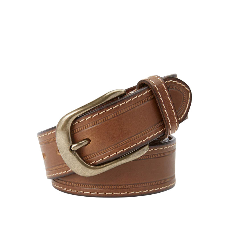 Ceinture homme Daumier marron clair en cuir pleine fleur, avec boucle ardillon dorée vieillie et surpiqûres contrastées. #fullwidth