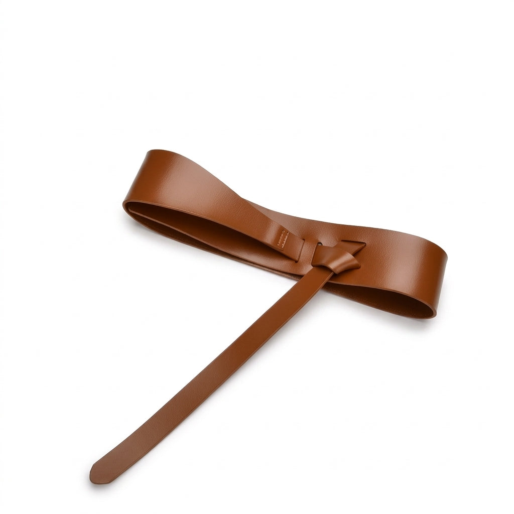 Ceinture femme Dauphine en cuir de vachette marron, design sans boucle à nouer avec lanière ajustable pour une taille cintrée élégante.