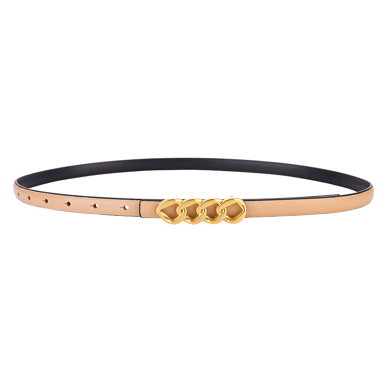 Ceinture fine beige Delia en cuir avec boucle dorée à maillons et fermoir clou