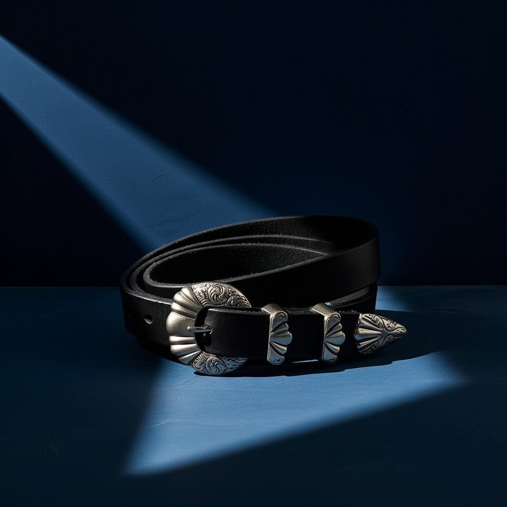 Ceinture femme noire "Délicatesse" en cuir pleine fleur lisse avec boucle ardillon ovale irrégulière argentée et détails vintage sur fond bleu #fullwidth