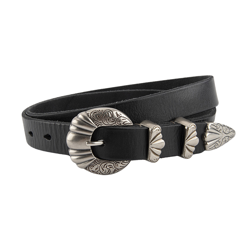 Ceinture femme Délicatesse noire en cuir avec boucle ovale argentée gravée et détails assortis.