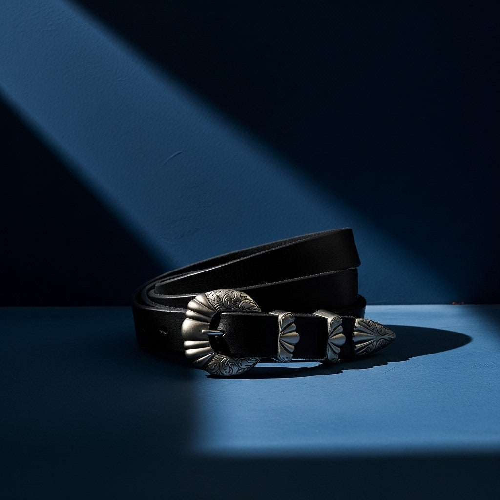 Ceinture noire Délicatesse en cuir pleine fleur avec boucle ardillon ovale argentée et détails sculptés vintage #fullwidth